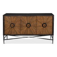 Luke 3 Door Sideboard, shown in medium brown and dark charcoal black with wood, metal, and three hinged cabinet doors.