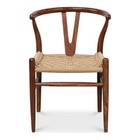 Mao Chair, shown in dark walnut brown and natural beige with solid wood, woven rope cord, and fixed continuous arms.