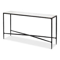 Alternate view of Dakor Console Table, featuring polished stone finish, marble, metal, and a open x-cross stretcher base.