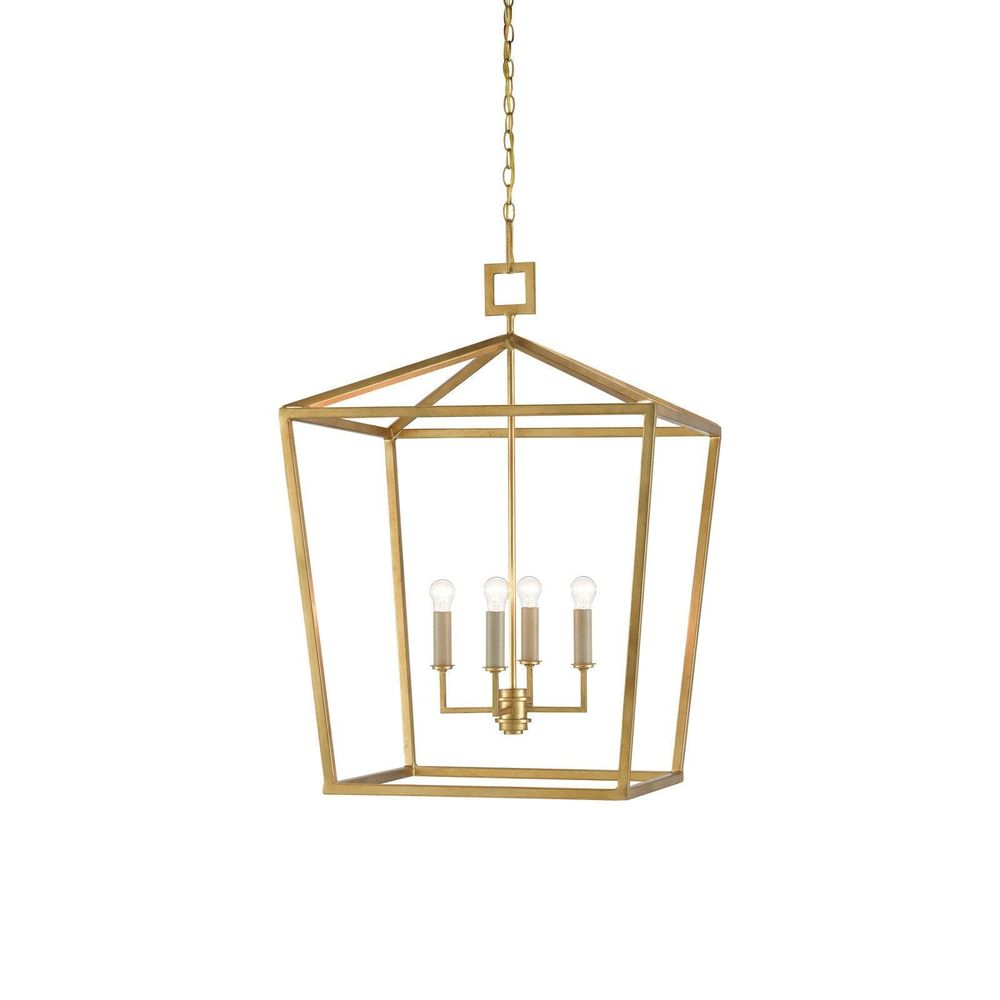 Denison Large Gold Lantern, shown in gold and brass with wrought iron, metal, and chain-hung pendant suspension.