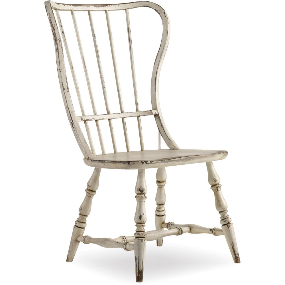 Sanctuary Spindle Back Side Chair, shown in off-white and ivory with wood and armless side chair.