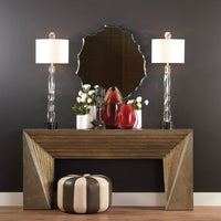 Alternate view of Deco Console, featuring metallic foil finish, textured composite, wood, and open knee space.
