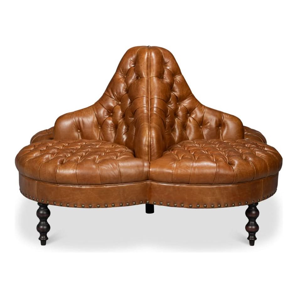 Additional view of Lobby Sofa Cuba Brown, featuring deep button tufting, leather, wood, and radial multi-directional seating.
