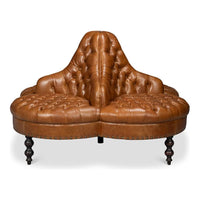 Additional view of Lobby Sofa Cuba Brown, featuring deep button tufting, leather, wood, and radial multi-directional seating.