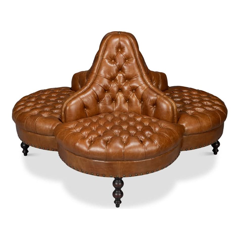 Alternate view of Lobby Sofa Cuba Brown, featuring deep button tufting, leather, wood, and radial multi-directional seating.