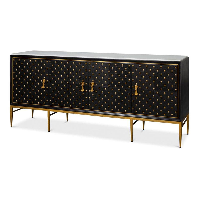 Additional view of Palisade Shagreen Credenza in black and gold, featuring smooth stone top and four hinged cabinet doors.