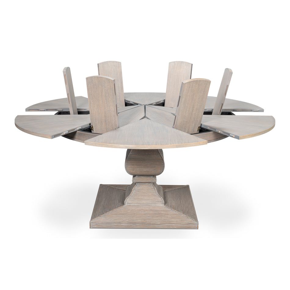 Alternate view of Kelso Equestrian Dining Table in light taupe and gray-washed beige.