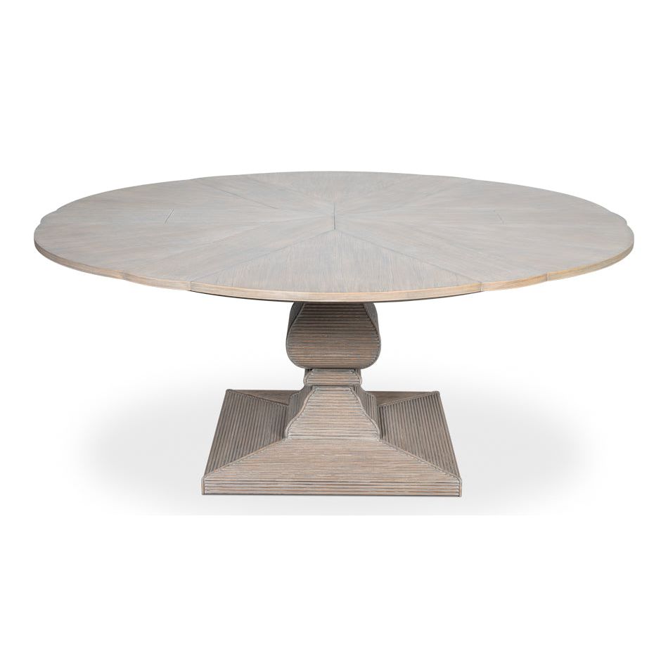 Kelso Equestrian Dining Table, shown in light taupe and gray-washed beige with wood and oak veneer.