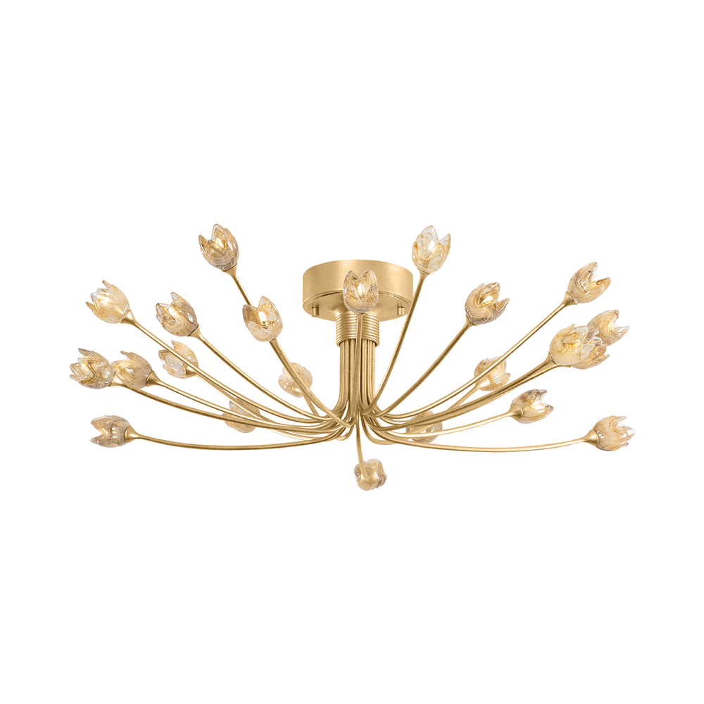 Falkirk Semi Flush, shown in brass gold and warm amber with metal, glass, and a semi-flush ceiling mount.