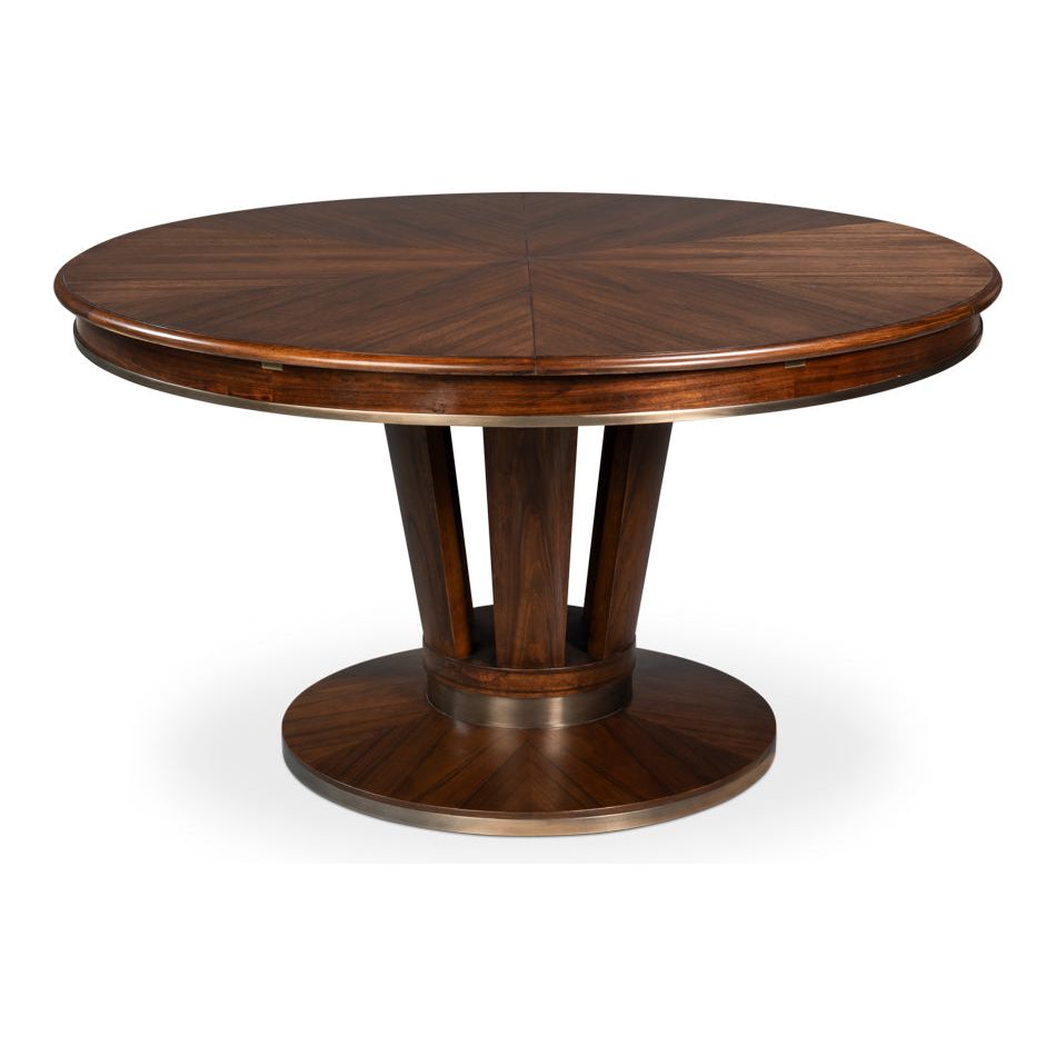 Soho Jupe Dining Table, shown in dark brown with wood, metal, and jupe expansion mechanism.