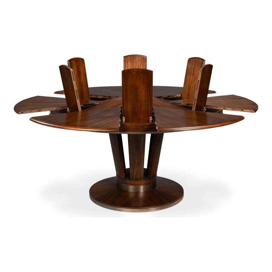 Alternate view of Soho Jupe Dining Table, featuring polished finish, wood, metal, and jupe expansion mechanism.