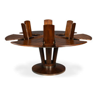 Alternate view of Soho Jupe Dining Table, featuring polished finish, wood, metal, and jupe expansion mechanism.