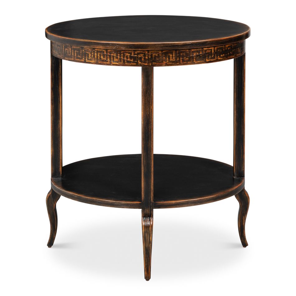 Golden Rim Side Table, shown in black with wood and integrated lower display shelf.