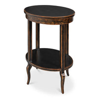 Alternate view of Golden Rim Side Table, featuring distressed painted, wood, and integrated lower display shelf.