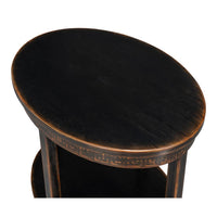 Additional view of Golden Rim Side Table, featuring distressed painted, wood, and integrated lower display shelf.