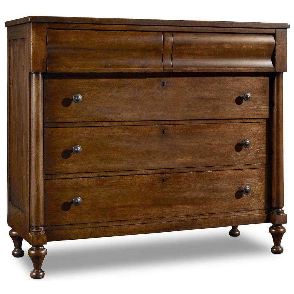 Archivist Bureau, shown in medium brown and warm walnut brown with wood, metal, and two shallow upper drawers.