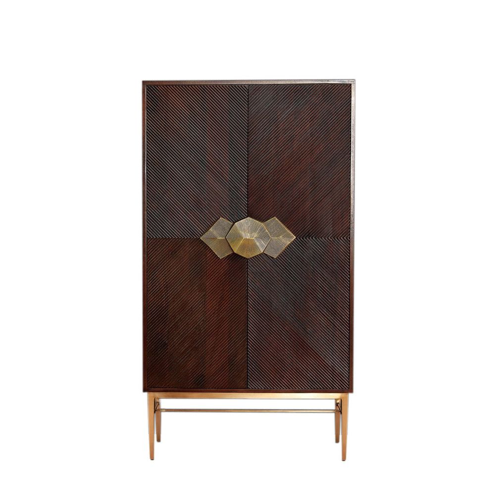 Galapagos Bar Cabinet, shown in dark mahogany brown and espresso brown with wood, brass metal, and double full-height doors.