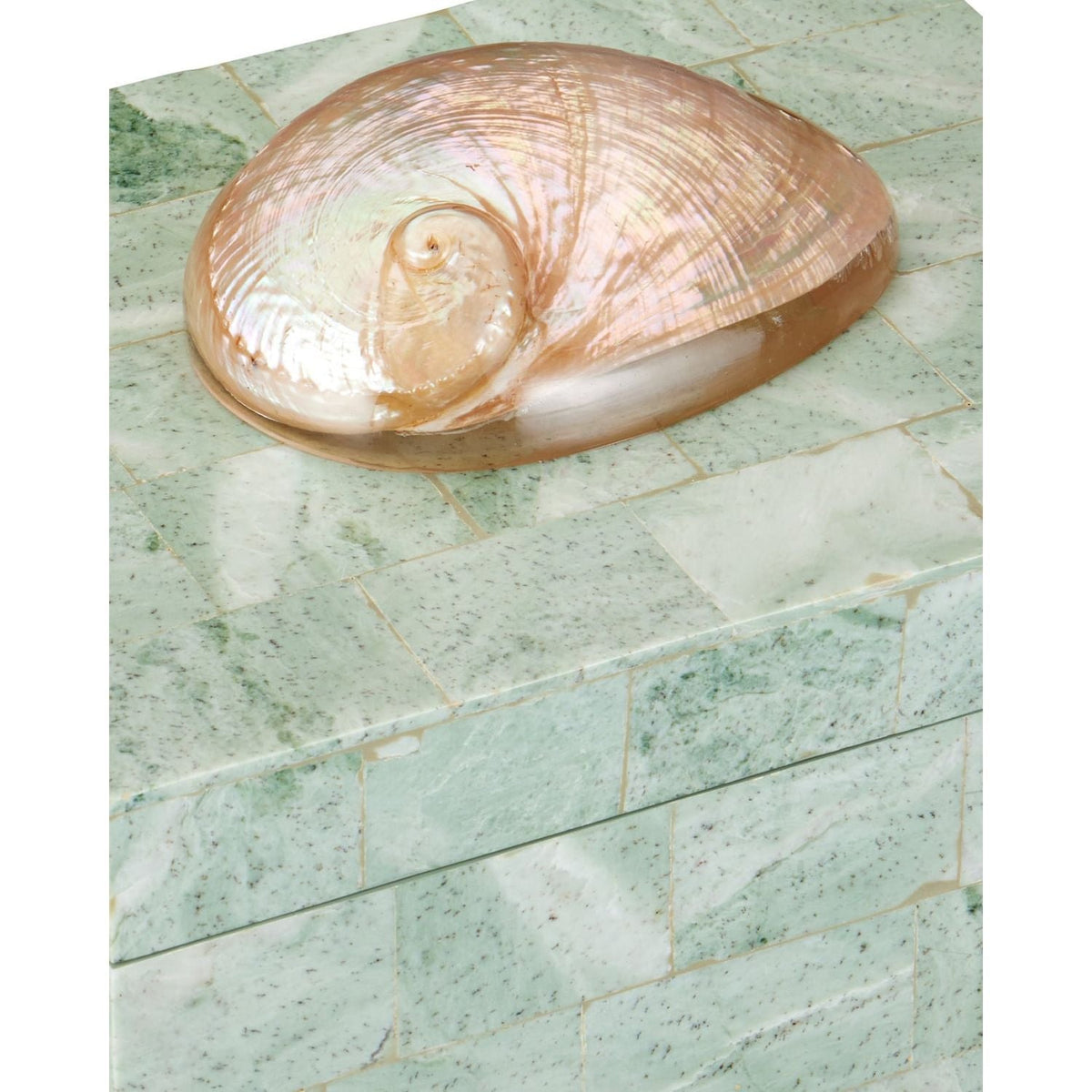 Alternate view of Fiona Box, featuring painted interior finish, serpentine stone mosaic, abalone shell, and removable lid.