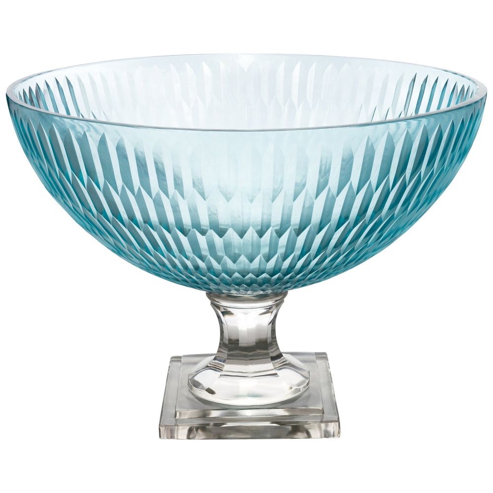 York Collection, Footed Bowl, Pale Blue, shown in pale blue and aqua with crystal, glass, and a footed pedestal base.