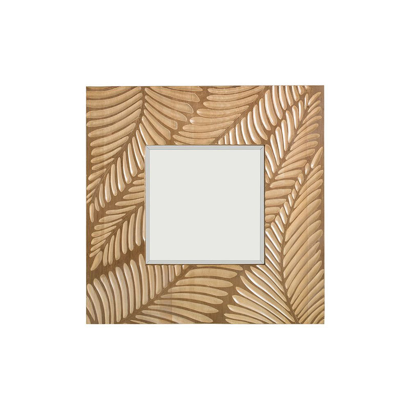 Freeport Square Mirror, shown in warm natural wood brown and light beige with wood and mirror glass.