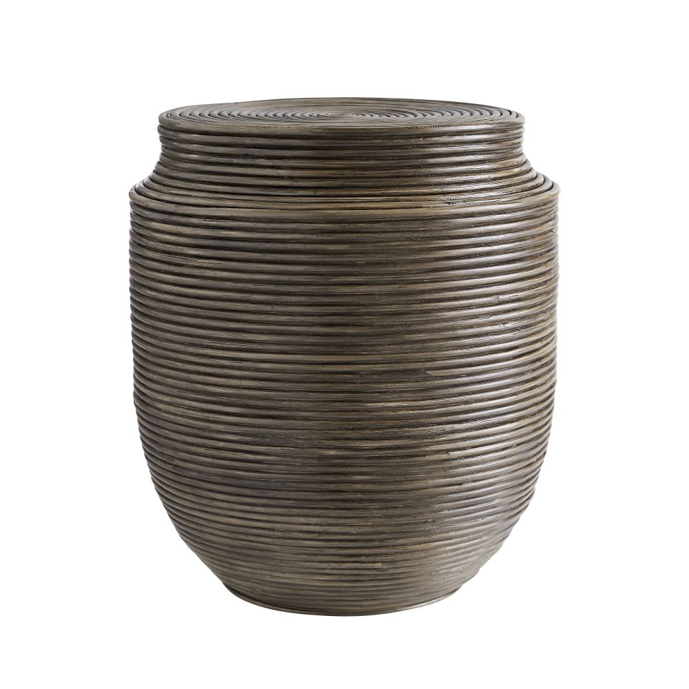 Wyatt End Table, shown in warm brown and taupe gray with rattan, cane, and a flat circular top surface.