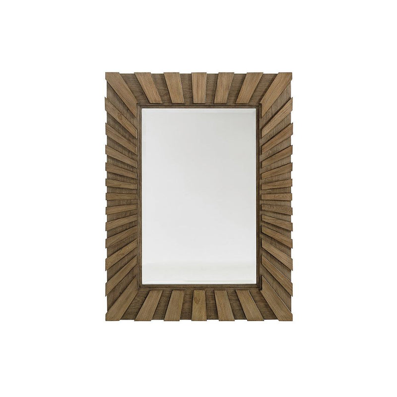 Ardley Sunburst Mirror, shown in taupe and warm gray-brown with wood, glass, and wall-mountable flat back.