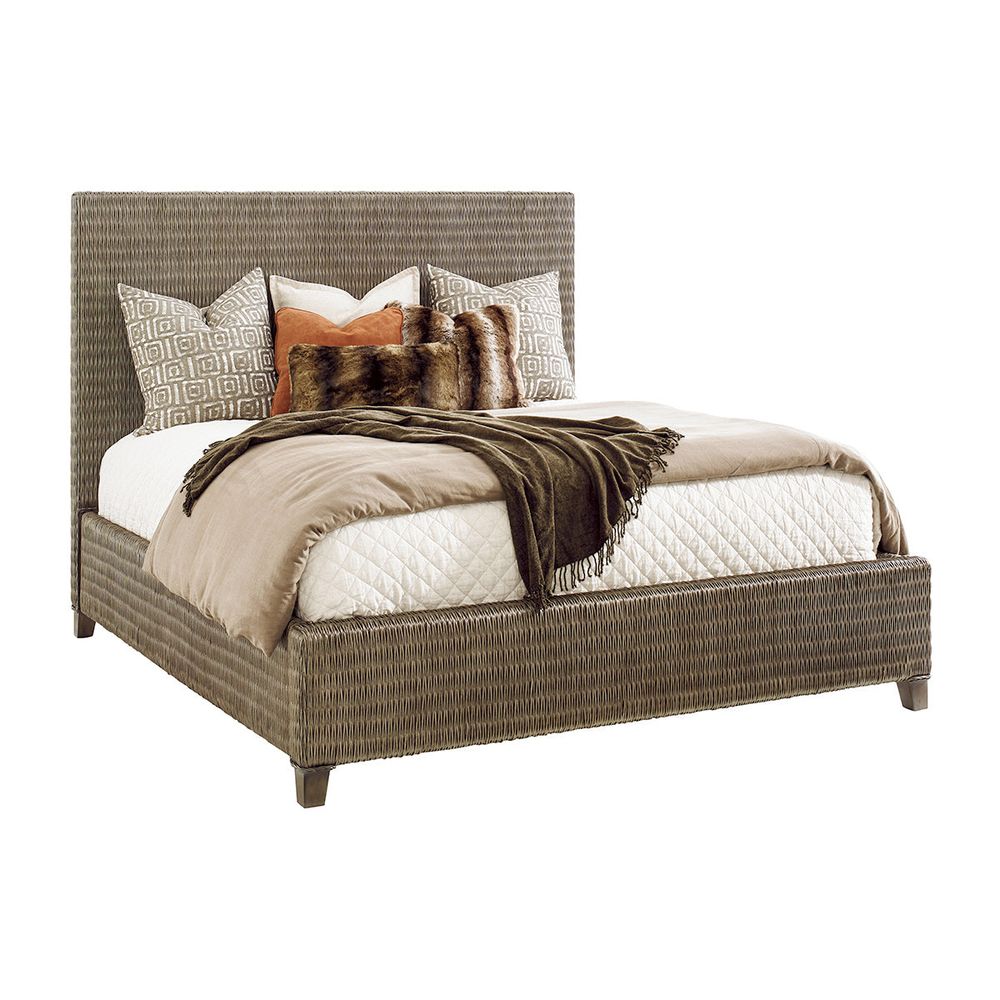 Driftwood Isle Woven Platform Bed 6/0 California King, shown in smoke gray and taupe with woven rattan and wood.