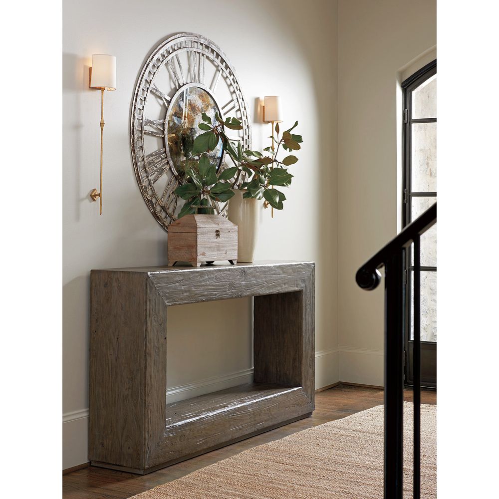 Alternate view of Dawson Console, featuring distressed, solid wood, and integrated open lower shelf.