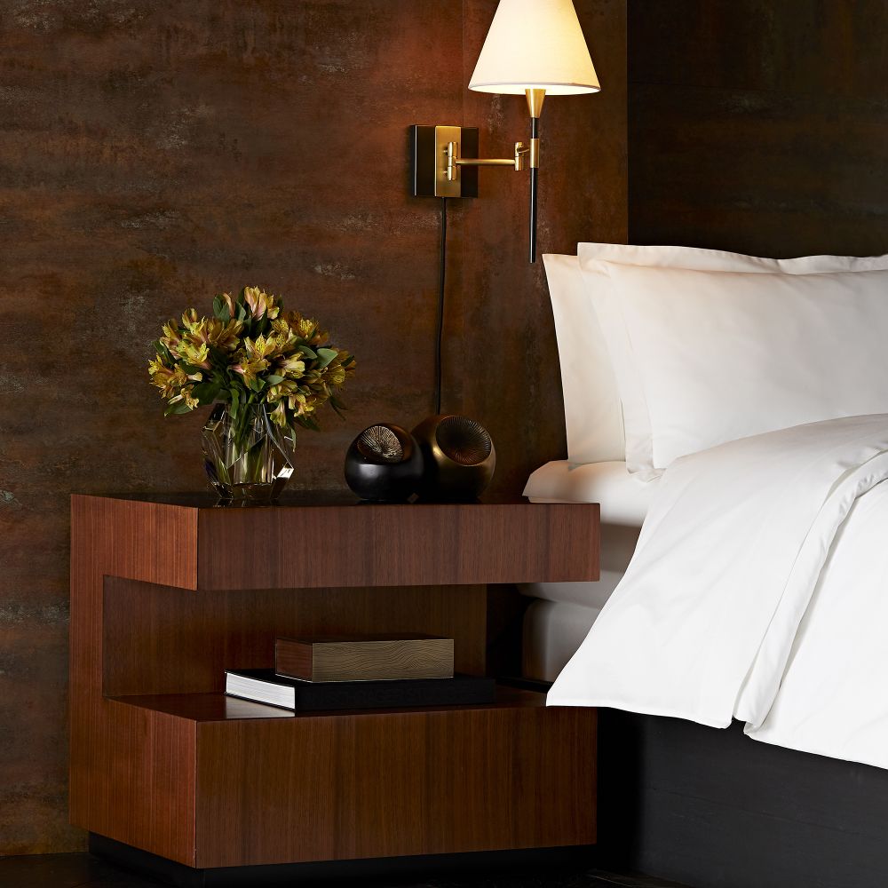 Alternate view of Theron Side Table, featuring gloss lacquer, wood veneer, wood, and open middle shelf.