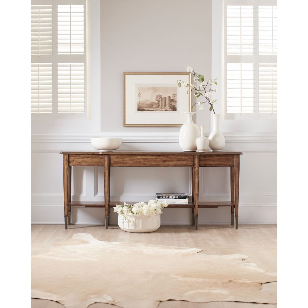 Alternate view of Skinny Console Table, featuring distressed, wood, metal, and lower open shelf.