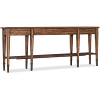 Skinny Console Table, shown in medium brown with wood, metal, and lower open shelf.