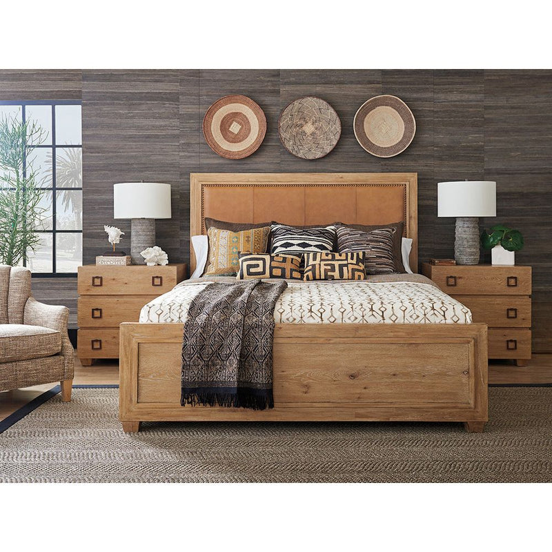 Alternate view of Antilles Upholstered Panel Bed 6/6 King in light natural wood and cognac tan.