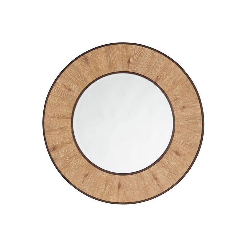 Carins Round Mirror, shown in light oak and warm natural tan with wood, glass, and wall-mounting design.