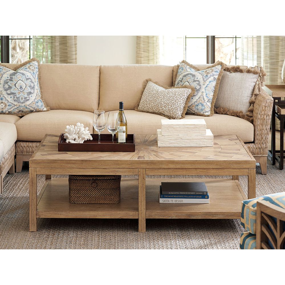 Alternate view of Ducane Rectangular Cocktail Table in light natural oak and warm beige.