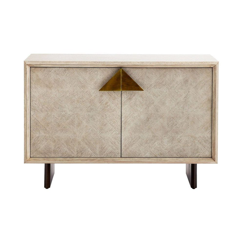 Eden Cabinet, shown in light taupe and warm beige with oak veneer, brass, and double-door enclosed storage.