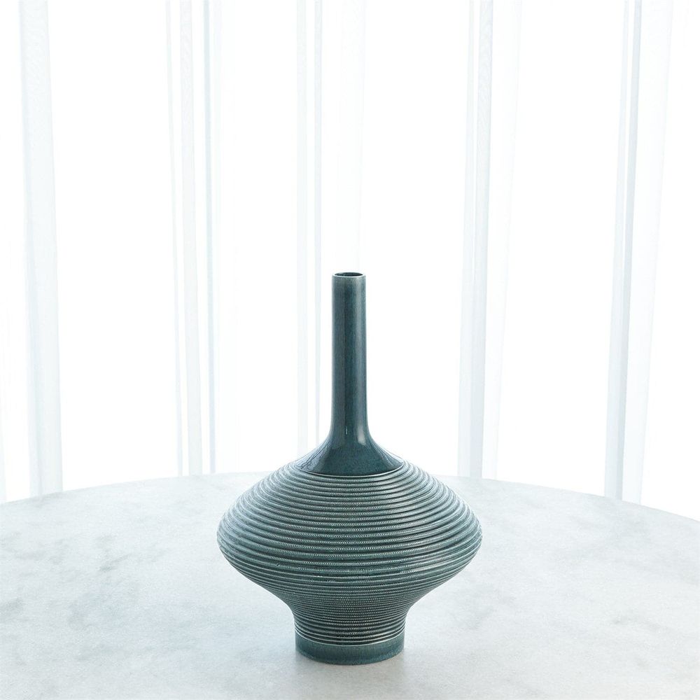 Additional view of Ridged Bottle in teal-green and blue-green, featuring matte glaze finish and narrow bottle neck opening.