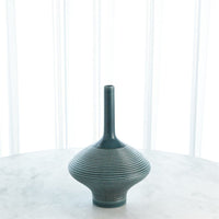Additional view of Ridged Bottle in teal-green and blue-green, featuring matte glaze finish and narrow bottle neck opening.