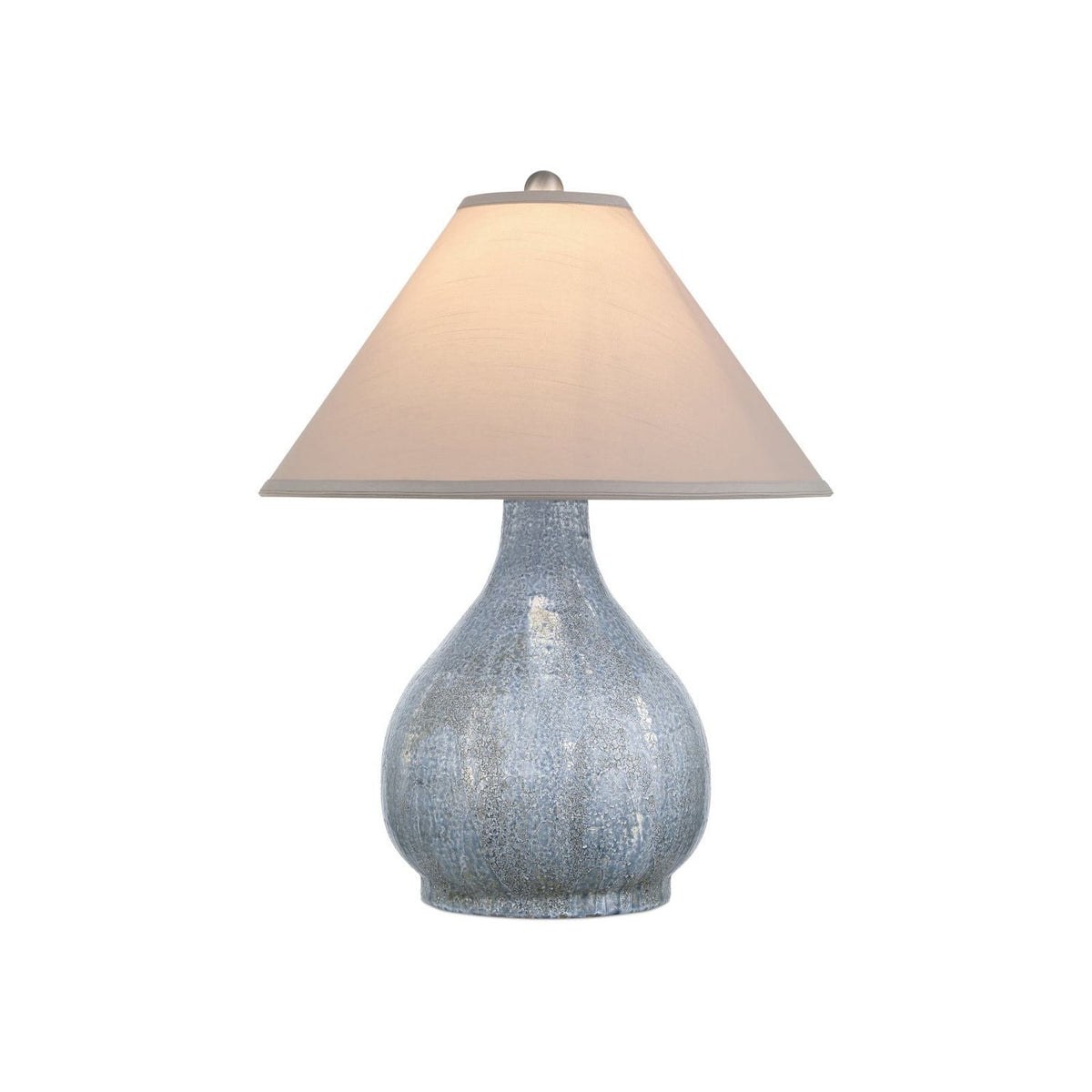 Malin Table Lamp, shown in dusty blue and ivory with ceramic, fabric, and a empire fabric shade.