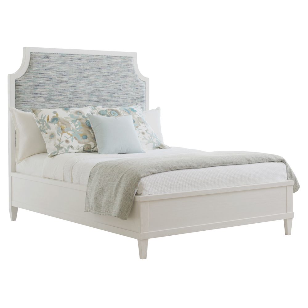 Belle Isle Upholstered Bed 6/0 California King, shown in white and blue-gray with wood and upholstery fabric.