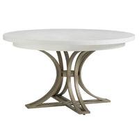 Savannah Round Dining Table, shown in white and champagne bronze with wood, metal, and a round pedestal base.