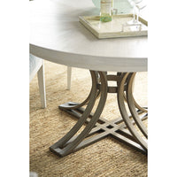 Additional view of Savannah Round Dining Table, featuring light wire-brushed grain, wood, metal, and a round pedestal base.