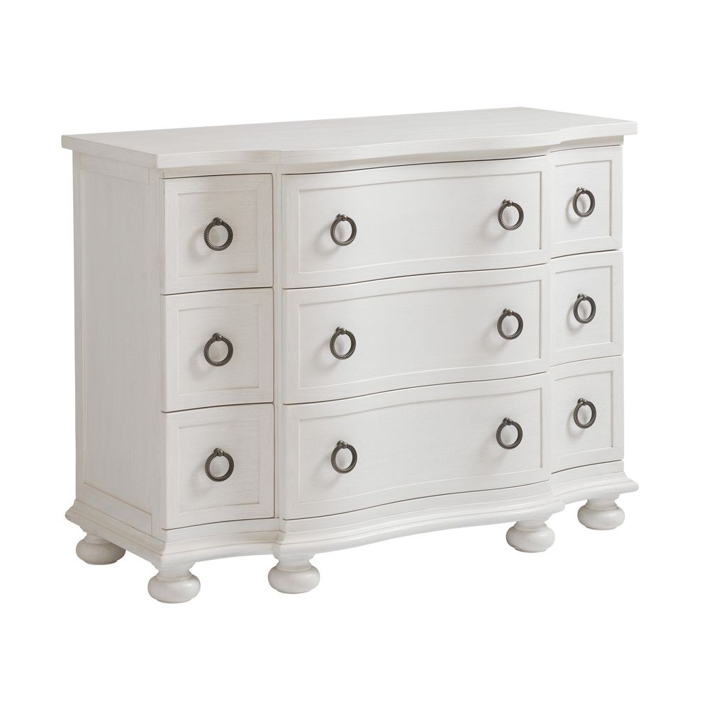 Mc Alister Hall Chest, shown in white and off-white with wood, metal, and multi-drawer storage.