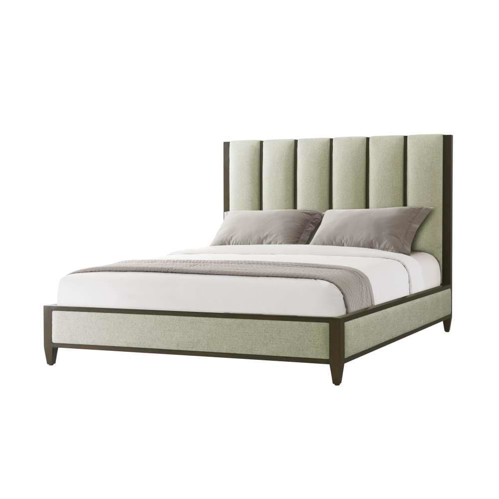 Lido Bed II, shown in light sage green and dark espresso brown with upholstery fabric, wood, and a upholstered platform base.