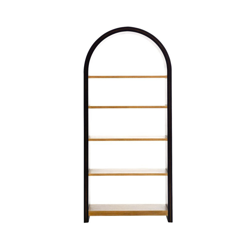 Nico Bookshelf, shown in black and light oak with oak veneer, wood, and five fixed open shelves.