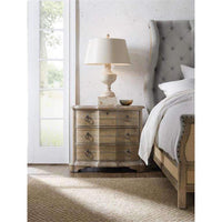 Additional view of Boheme Bastogne Three-Drawer Nightstand in taupe and gray-brown, featuring distressed.