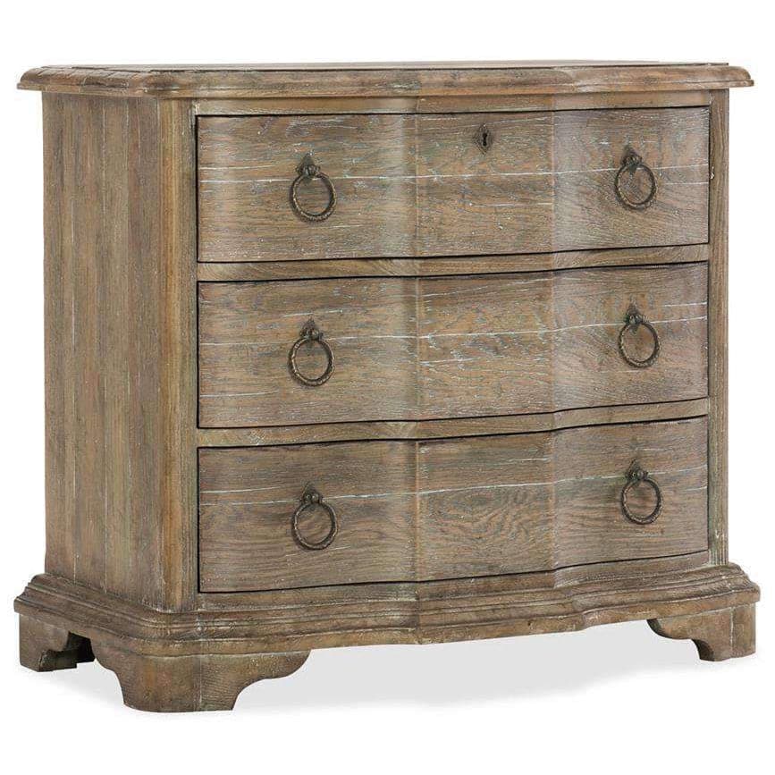 Boheme Bastogne Three-Drawer Nightstand, shown in taupe and gray-brown with wood and metal.