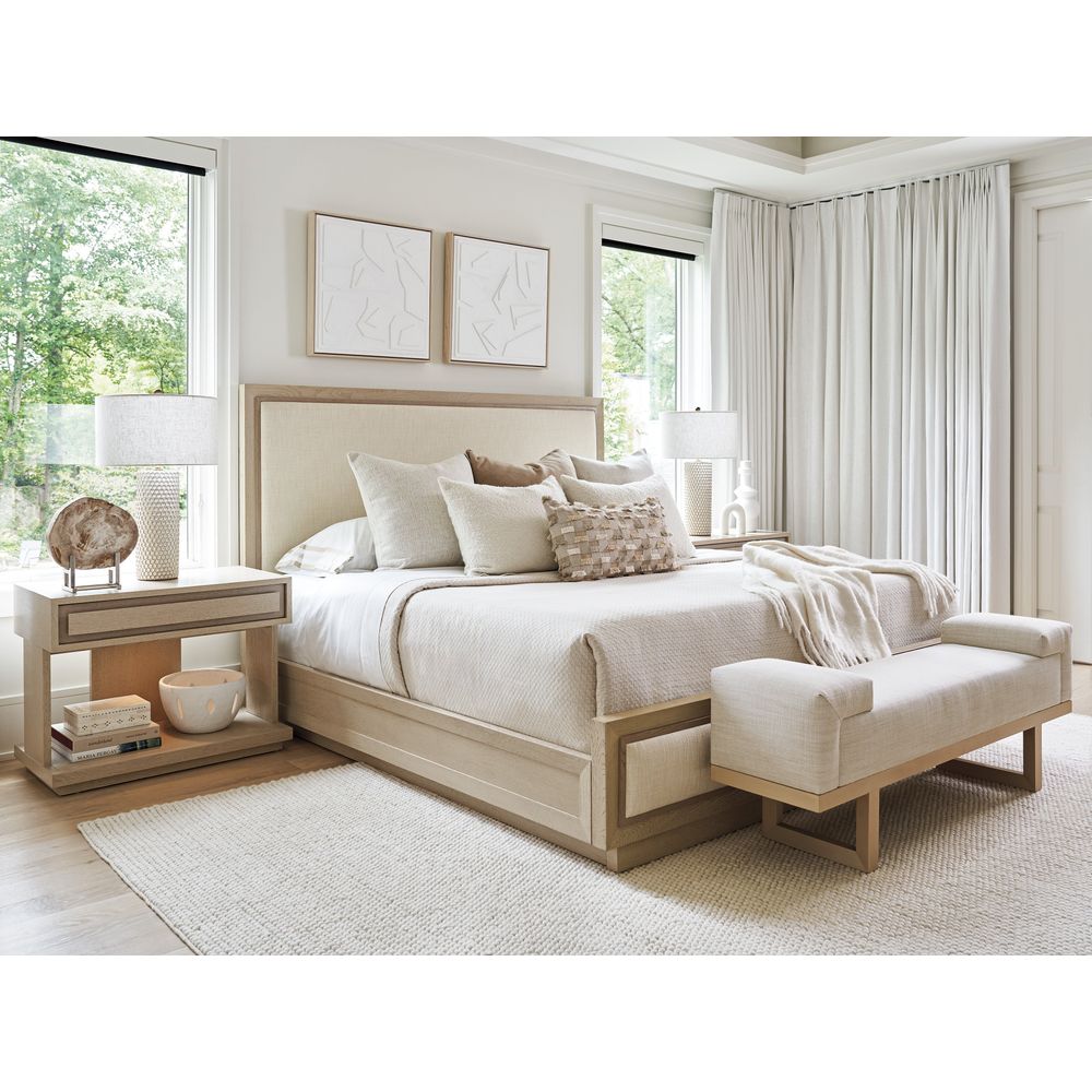 Additional view of Abbott Bench in ivory and warm beige, featuring fixed bolster end arms.
