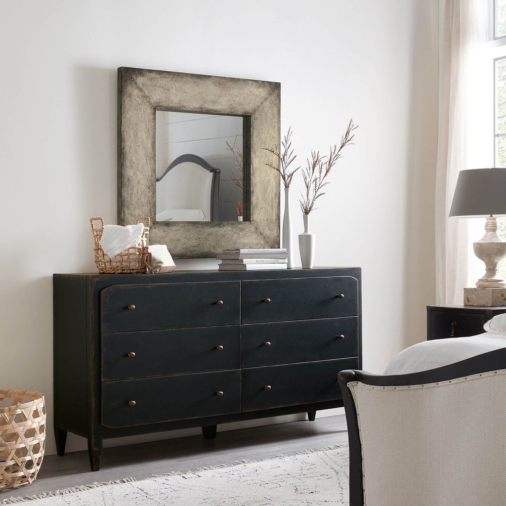 Alternate view of Ciao Bella Six-Drawer Dresser- Black, featuring distressed paint, wood, metal, and six drawers.