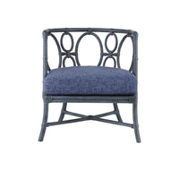Tegal Navy Chair, Finn Indigo, shown in navy blue and slate blue-gray with rattan and linen fabric.