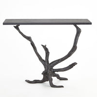 Monterey Console, shown in charcoal gray and blackened iron with cast metal, iron, and narrow console profile.